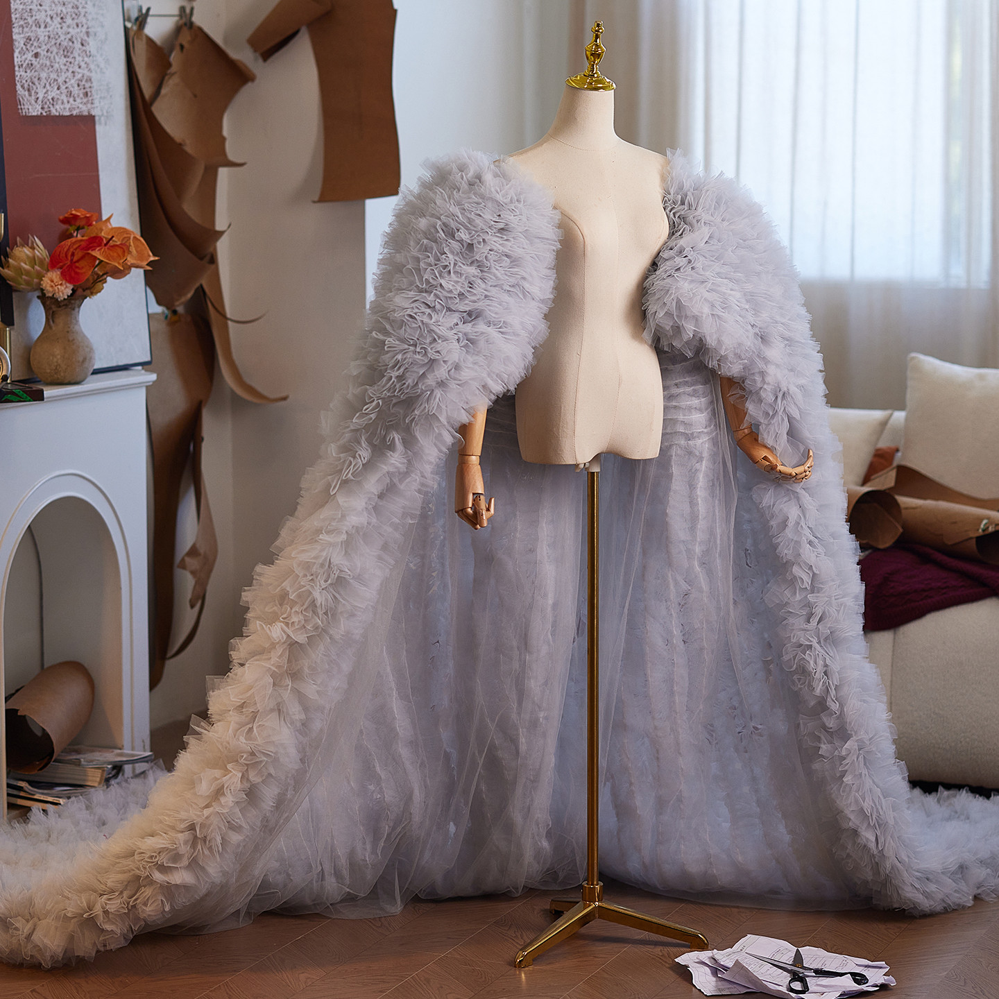 ケープ 大トレーン 裾引き ふわふわ グレー DIY 肩飾り アクセサリー 花嫁/ウェディングドレス DTY480