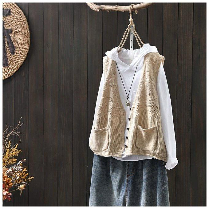 前開きニットベスト、ブラック、カーディガン、春秋ベスト、冬ベスト、ニットベスト、ニットセーター、防寒対策（Tシャツなし）