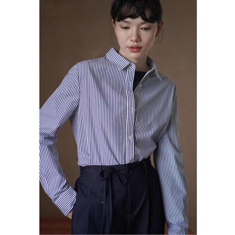 100%コットンストライプ柄長袖シャツ　取り外し可能リボン付きシャツ　S-XL　#755 6,586円