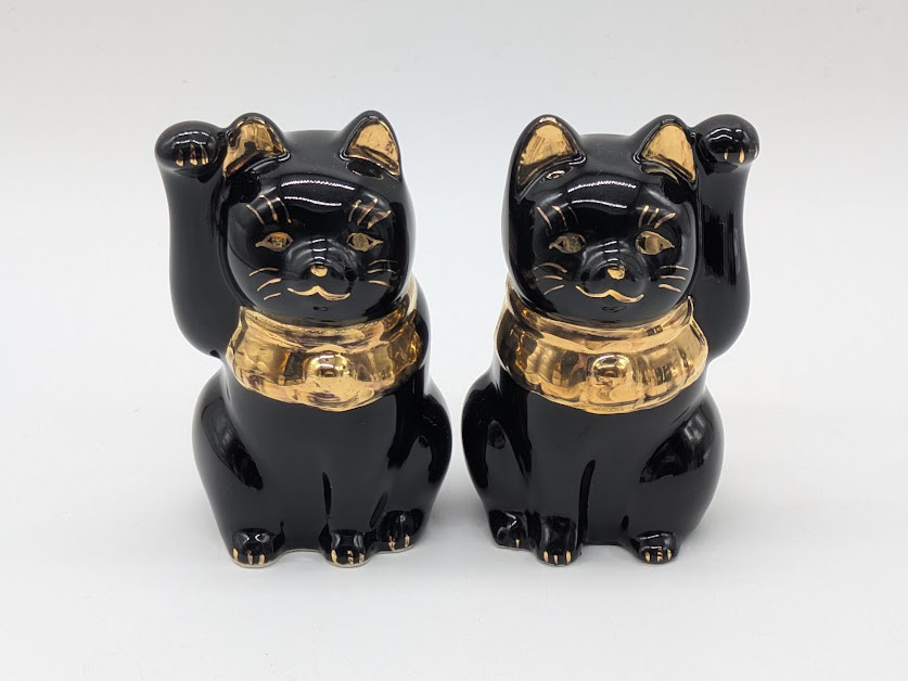 152-0001-0003-0005-0007　置物 縁起物 和陶器 瀬戸焼【日本製】/　招き猫白・黒/ゴールド