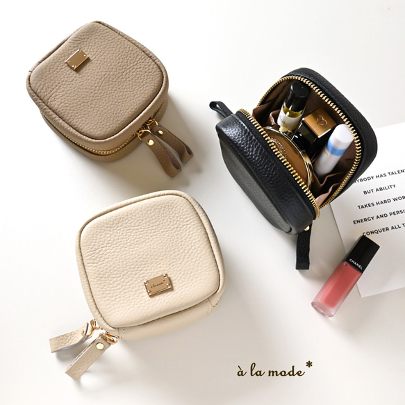 スクエア ミニ リップポーチ 【 本革 ニュアンス ネームプレート Simple 】 コスメ 化粧ポーチ HN17A 1枚目の画像