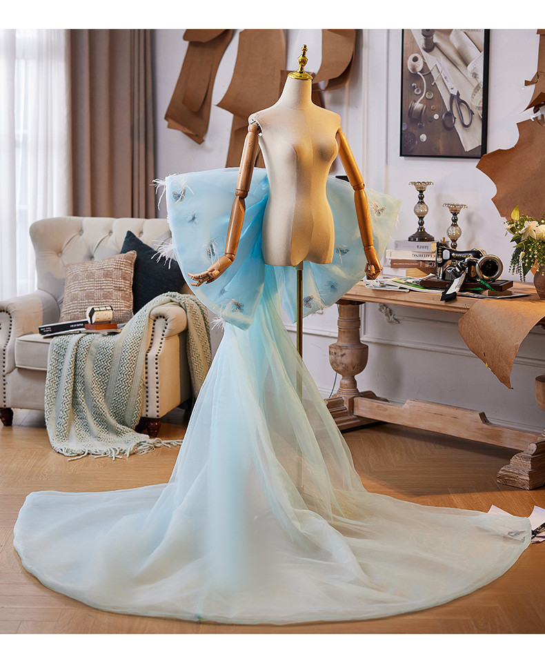 ロングトレーン 裾引き 青 リボン DIY 背中の飾り 肩飾り アクセサリー 花嫁/ウェディングドレス DTY344