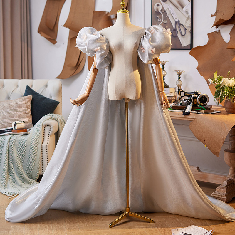 ケープ ロングトレーン 裾引き グレー 綺麗 DIY 肩飾り アクセサリー 花嫁/ウェディングドレス DTY343