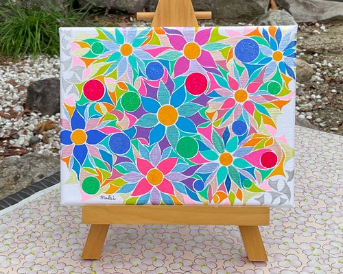原画・アクリル】 お花畑 抽象画2 キャンバス 18cm×14cm 絵画