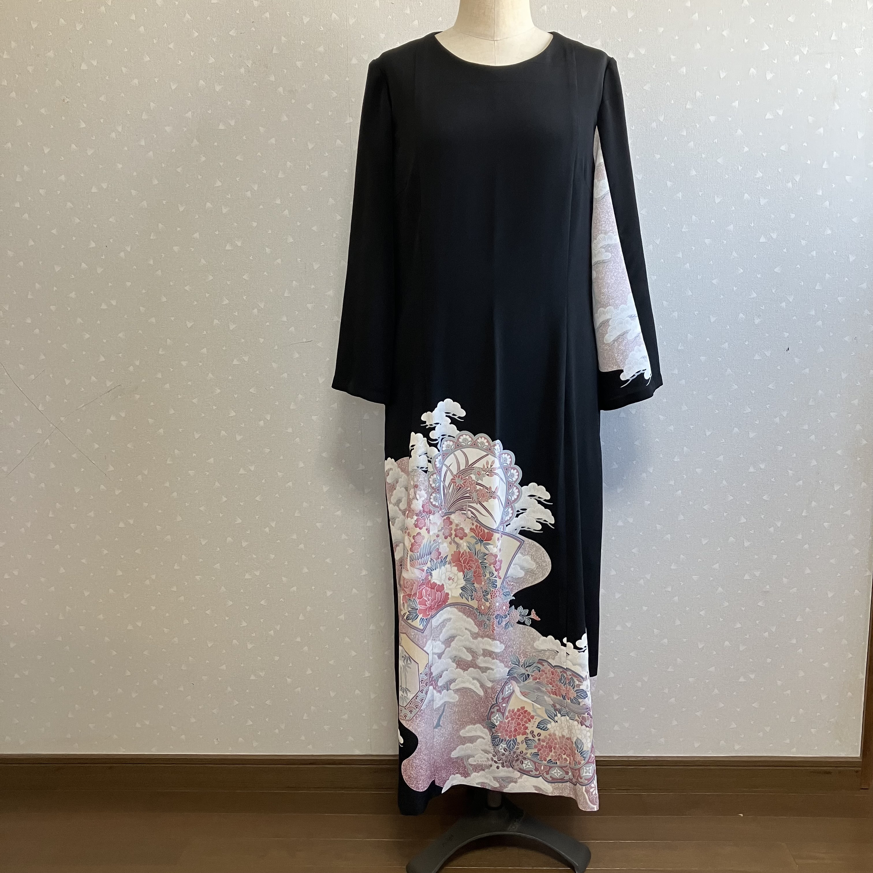 No.160ロングワンピースL〜LL13号黒留袖ドレス着物リメイク袖口