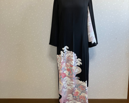 No.160ロングワンピースL〜LL13号黒留袖ドレス着物リメイク袖口