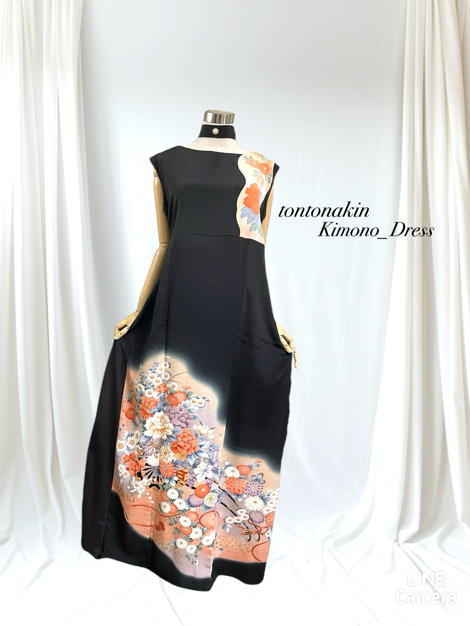 送料無料 着物 リメイク ゆったりAライン 花車 金駒刺繍 留袖 ロング