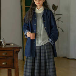 裏地チェック柄　デニムコットンのミドル丈コート　ゆったりシルエット【秋冬春】インディゴ 10枚目の画像