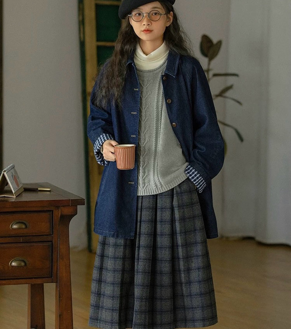 裏地チェック柄　デニムコットンのミドル丈コート　ゆったりシルエット【秋冬春】インディゴ 10枚目の画像