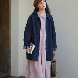 裏地チェック柄　デニムコットンのミドル丈コート　ゆったりシルエット【秋冬春】インディゴ 4枚目の画像