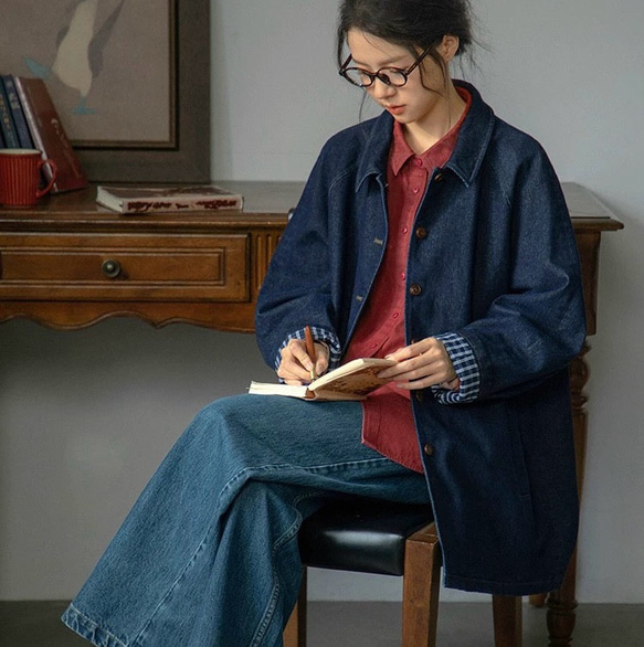 裏地チェック柄　デニムコットンのミドル丈コート　ゆったりシルエット【秋冬春】インディゴ 12枚目の画像