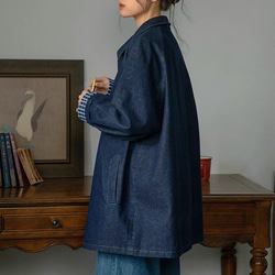 裏地チェック柄　デニムコットンのミドル丈コート　ゆったりシルエット【秋冬春】インディゴ 9枚目の画像