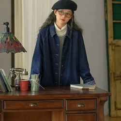 裏地チェック柄　デニムコットンのミドル丈コート　ゆったりシルエット【秋冬春】インディゴ 13枚目の画像