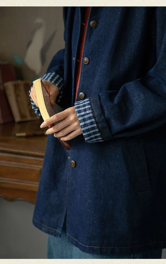 裏地チェック柄　デニムコットンのミドル丈コート　ゆったりシルエット【秋冬春】インディゴ 3枚目の画像
