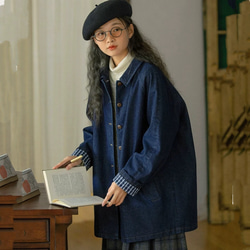 裏地チェック柄　デニムコットンのミドル丈コート　ゆったりシルエット【秋冬春】インディゴ 2枚目の画像