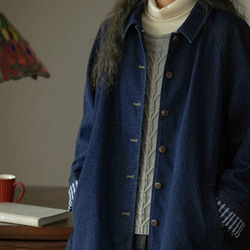 裏地チェック柄　デニムコットンのミドル丈コート　ゆったりシルエット【秋冬春】インディゴ 14枚目の画像