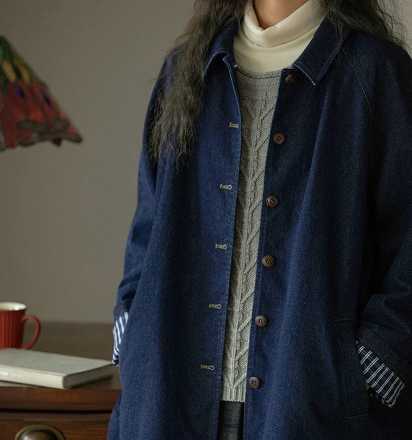 裏地チェック柄　デニムコットンのミドル丈コート　ゆったりシルエット【秋冬春】インディゴ 14枚目の画像