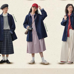 裏地チェック柄　デニムコットンのミドル丈コート　ゆったりシルエット【秋冬春】インディゴ 8枚目の画像