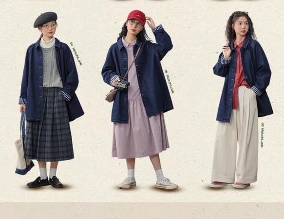 裏地チェック柄　デニムコットンのミドル丈コート　ゆったりシルエット【秋冬春】インディゴ 8枚目の画像