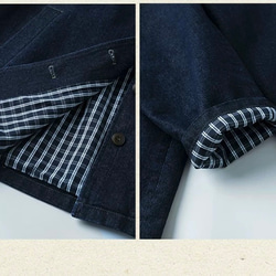 裏地チェック柄　デニムコットンのミドル丈コート　ゆったりシルエット【秋冬春】インディゴ 6枚目の画像