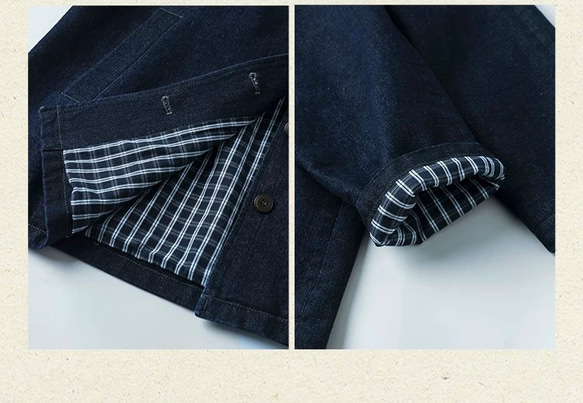 裏地チェック柄　デニムコットンのミドル丈コート　ゆったりシルエット【秋冬春】インディゴ 6枚目の画像