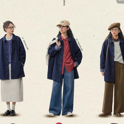 裏地チェック柄　デニムコットンのミドル丈コート　ゆったりシルエット【秋冬春】インディゴ 7枚目の画像