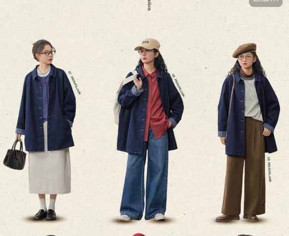 裏地チェック柄　デニムコットンのミドル丈コート　ゆったりシルエット【秋冬春】インディゴ 7枚目の画像