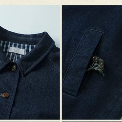 裏地チェック柄　デニムコットンのミドル丈コート　ゆったりシルエット【秋冬春】インディゴ 5枚目の画像