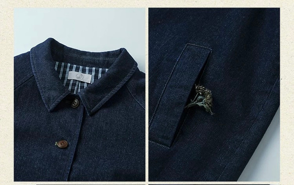 裏地チェック柄　デニムコットンのミドル丈コート　ゆったりシルエット【秋冬春】インディゴ 5枚目の画像