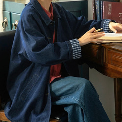 裏地チェック柄　デニムコットンのミドル丈コート　ゆったりシルエット【秋冬春】インディゴ 11枚目の画像