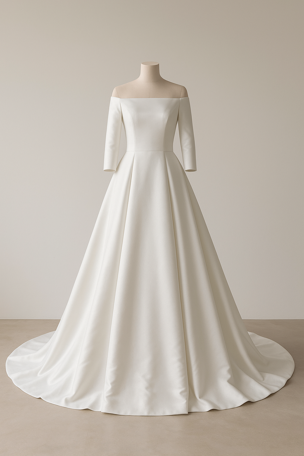 送料無料！ウェディングドレス オフショルダー 光沢サテン 七分袖丈 Aライン エレガント オフホワイト