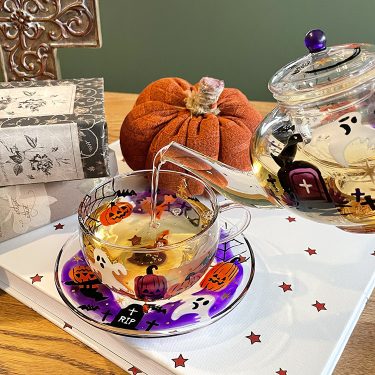ハロウィン耐熱ティーカップ｜手描きグラスペイント（オバケ・ジャックオランタン）
