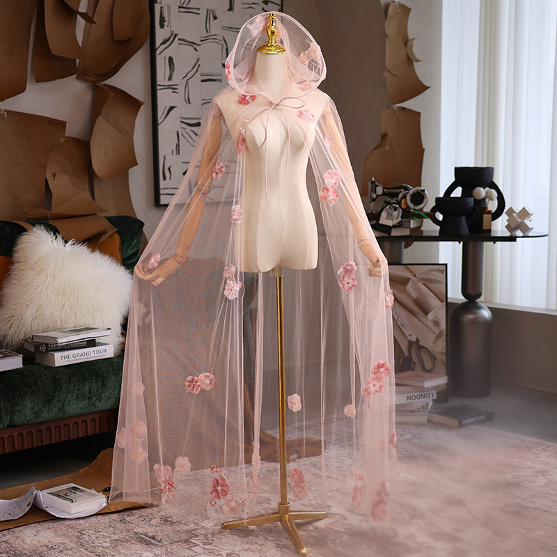 ケープ トレーン 裾引き 帽子付き ピンク DIYベール ​肩飾り アクセサリー 花嫁/ウェディングドレス DTY377
