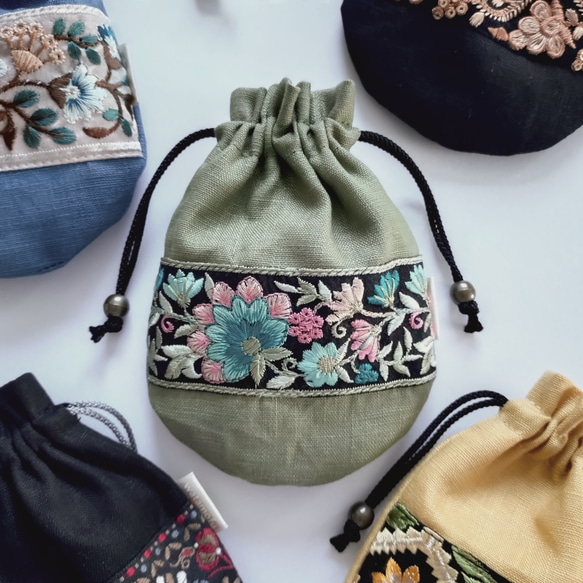 インド刺繍リボンの巾着ポーチ【green×black】 巾着袋 watamofu 通販