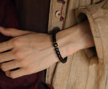 天然黒檀木 筒玉ブレスレット｜贈り物用 男女兼用 *手作り【天然素材】