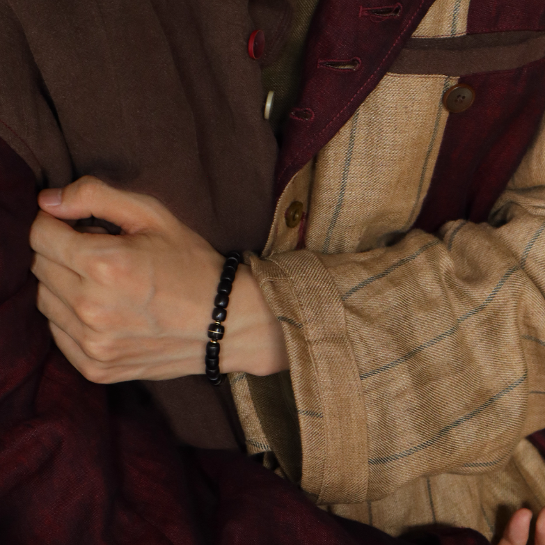 天然黒檀木 筒玉ブレスレット｜贈り物用 男女兼用 *手作り【天然素材】