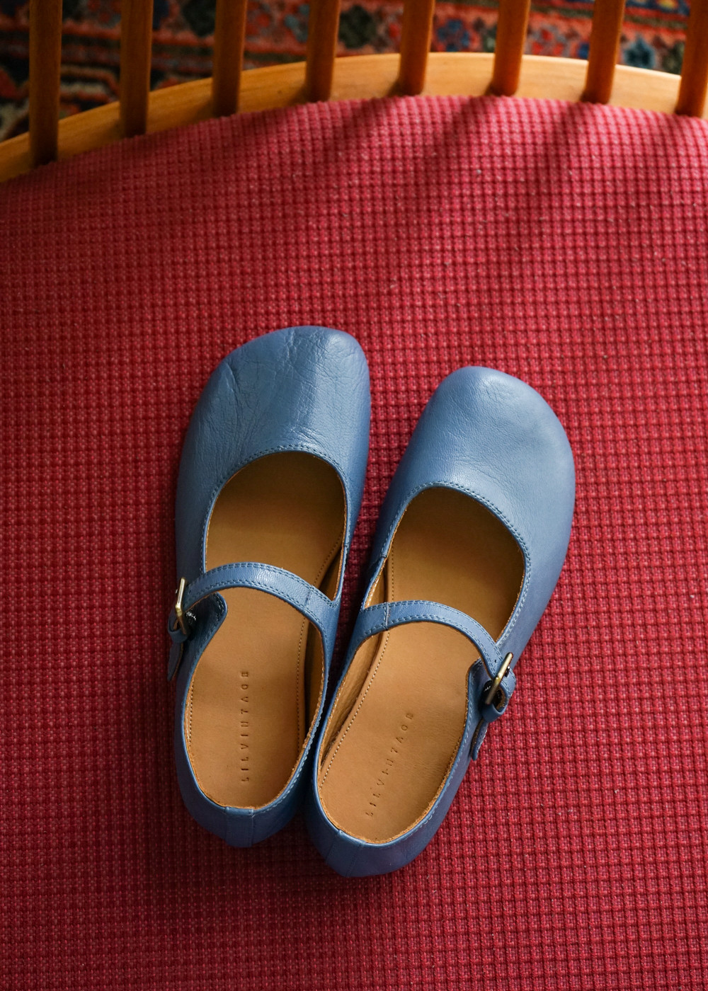 手作り ラムスキン 鹿革インナー 牛革底 メリージェーンシューズ ブルー