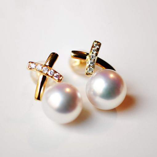 ルミナ OLシリーズ 7.5-8.4mm 日本製アコヤ真珠 海水天然真珠 スタッドピアス 18Kゴールド ダイヤモンドピアス