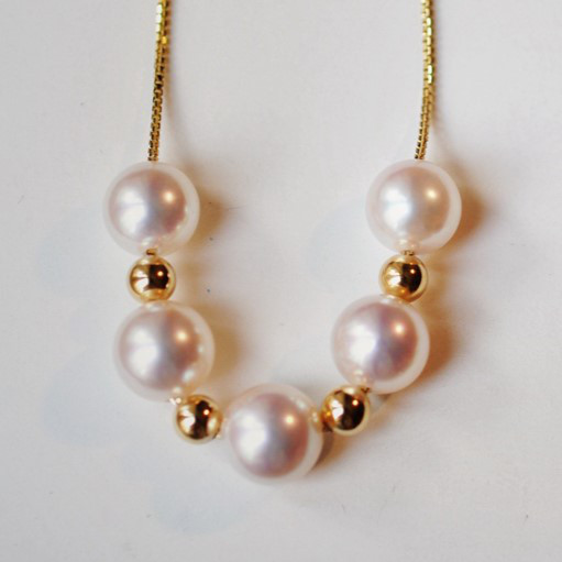 ルミナミラーシリーズ 7-8mm 日本製アコヤ真珠 18Kゴールド 5粒ネックレス 美しい球形