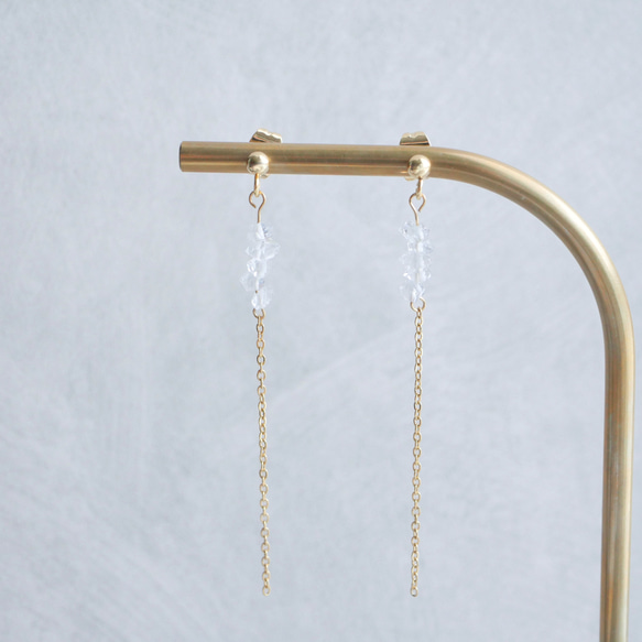 ハーキマーダイヤモンド ロングチェーンピアス　天然石 　小ぶり　水晶　クォーツ　サージカルステンレス　金属アレルギー対応 8枚目の画像