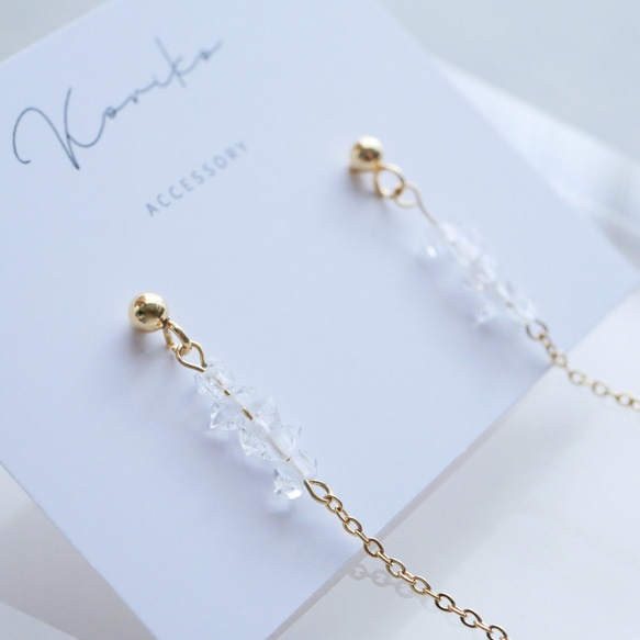 ハーキマーダイヤモンド ロングチェーンピアス　天然石 　小ぶり　水晶　クォーツ　サージカルステンレス　金属アレルギー対応 7枚目の画像