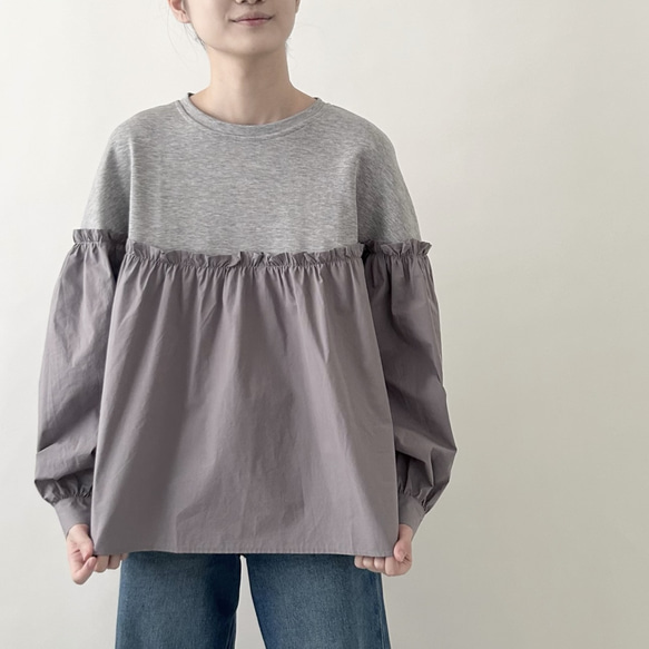 【コットン♡可愛い秋のブラウス♡丸首】バルーンスリーブ│ナチュラルな秋│コットン│ギャザー│大人可愛い│T-221SL 3枚目の画像