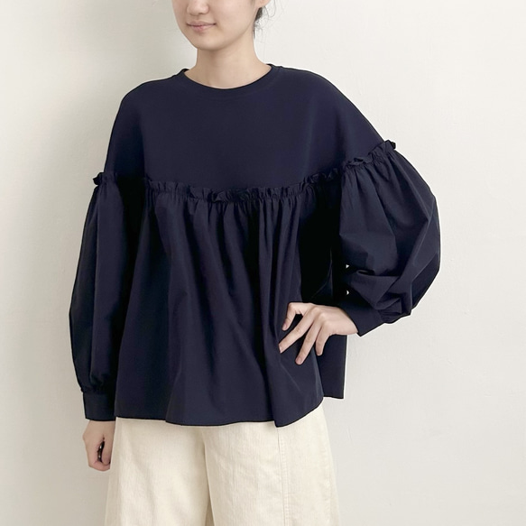 【コットン♡可愛い秋のブラウス♡丸首】バルーンスリーブ│ナチュラルな秋│コットン│ギャザー│大人可愛い│T-221SL 8枚目の画像
