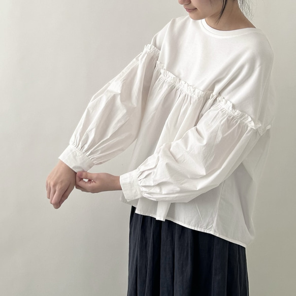 【コットン♡可愛い秋のブラウス♡丸首】バルーンスリーブ│ナチュラルな秋│コットン│ギャザー│大人可愛い│T-221SL 6枚目の画像