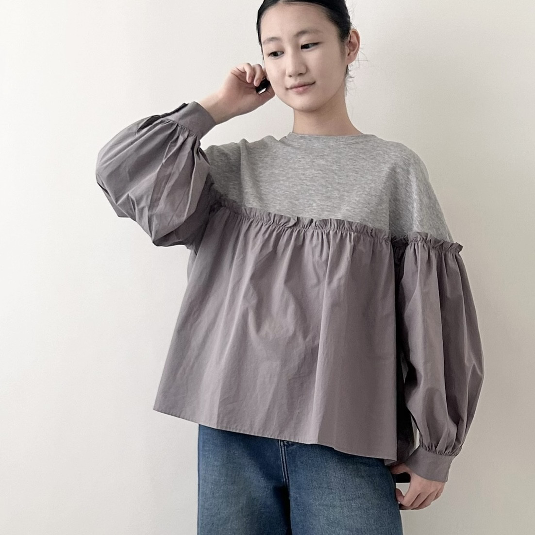 【コットン♡可愛い秋のブラウス♡丸首】バルーンスリーブ│ナチュラルな秋│コットン│ギャザー│大人可愛い│T-221SL