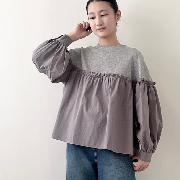 【コットン♡可愛い秋のブラウス♡丸首】バルーンスリーブ│ナチュラルな秋│コットン│ギャザー│大人可愛い│T-221SL 1枚目の画像