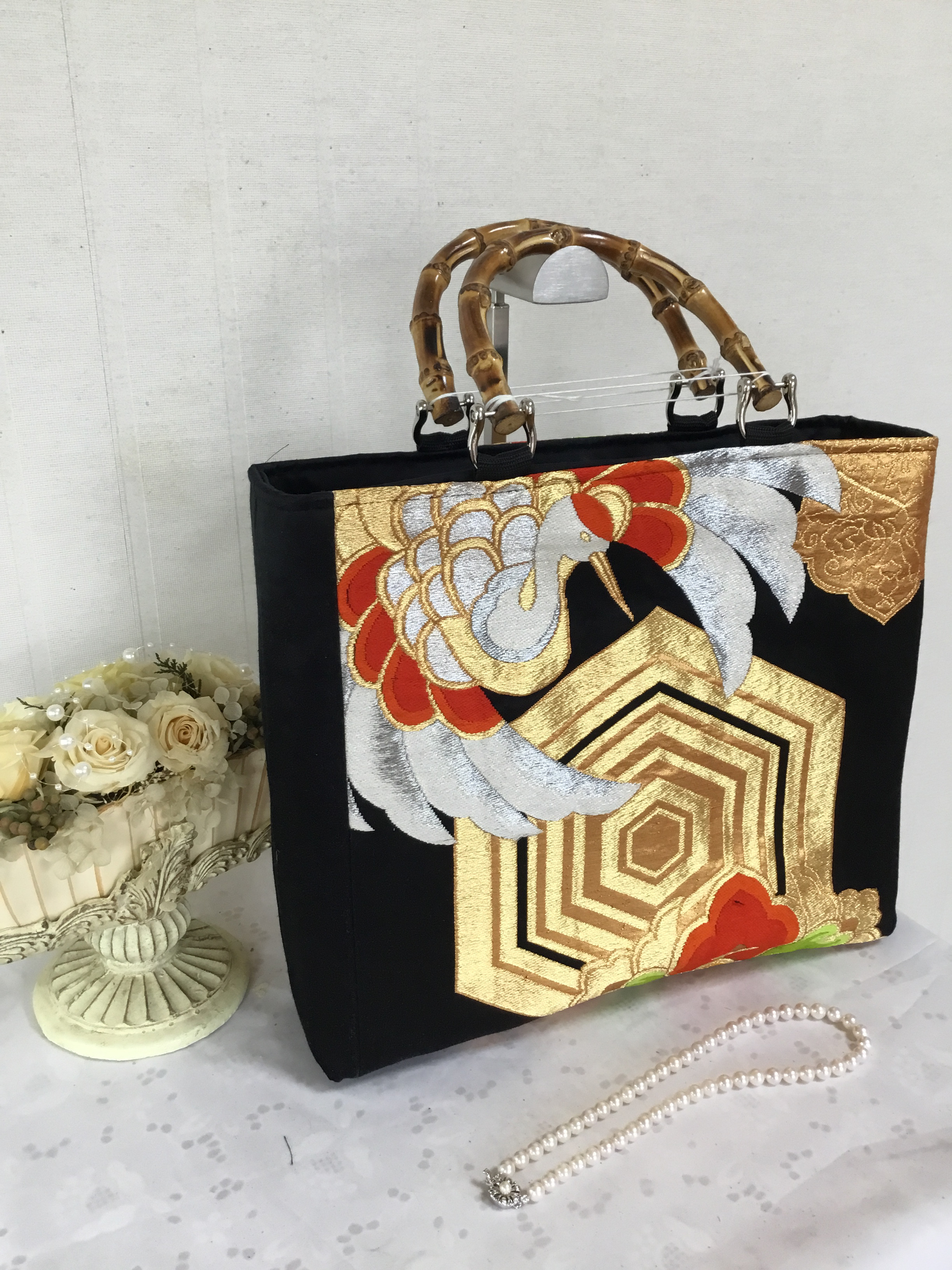 花ぷらら・シンプルで使いやすい・洋服でも着物でも使える・ハンドメイド・リメイク・帯・大きめ・トートバッグ・477