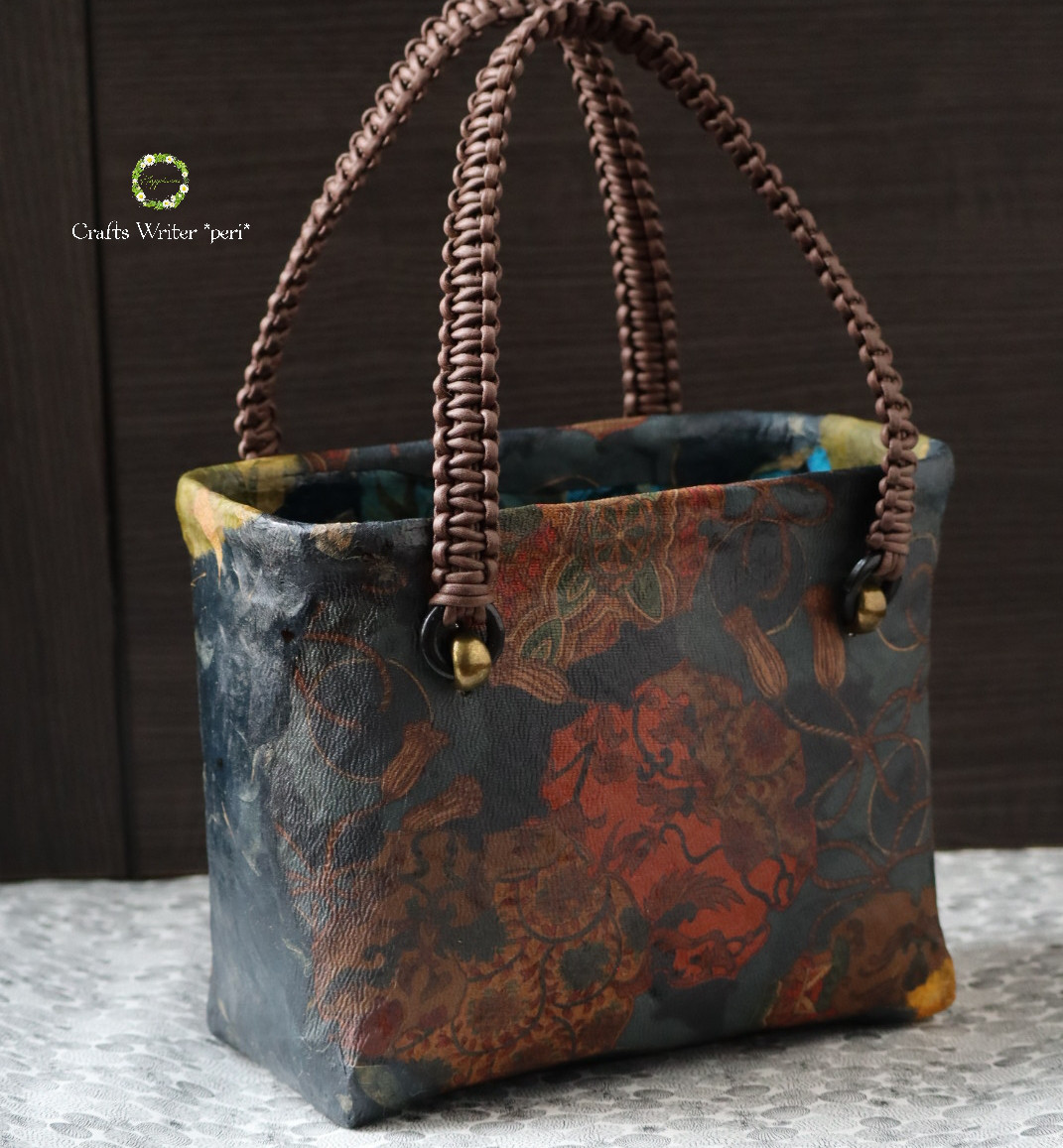 ☆新作☆一閑張りバッグ＊大人ネイビー花文様☆