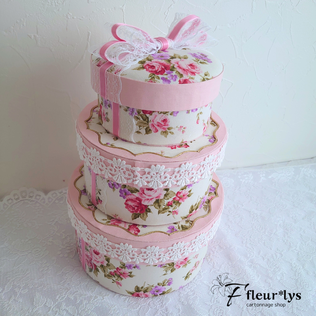 カルトナージュ 収納ボックス 3段 丸型 ローズ柄｜おしゃれ 小物入れ ギフトにも