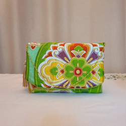 最後の一点】シルバー花柄様シルク着物帯の2waysクラッチバッグ